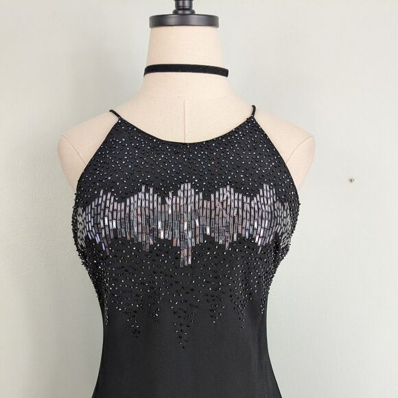 Vintage Maxi Dress Prom Gown Slip Beaded 90S Y2K Cachet Black Silver Formal 6 - Picture 5 of 11